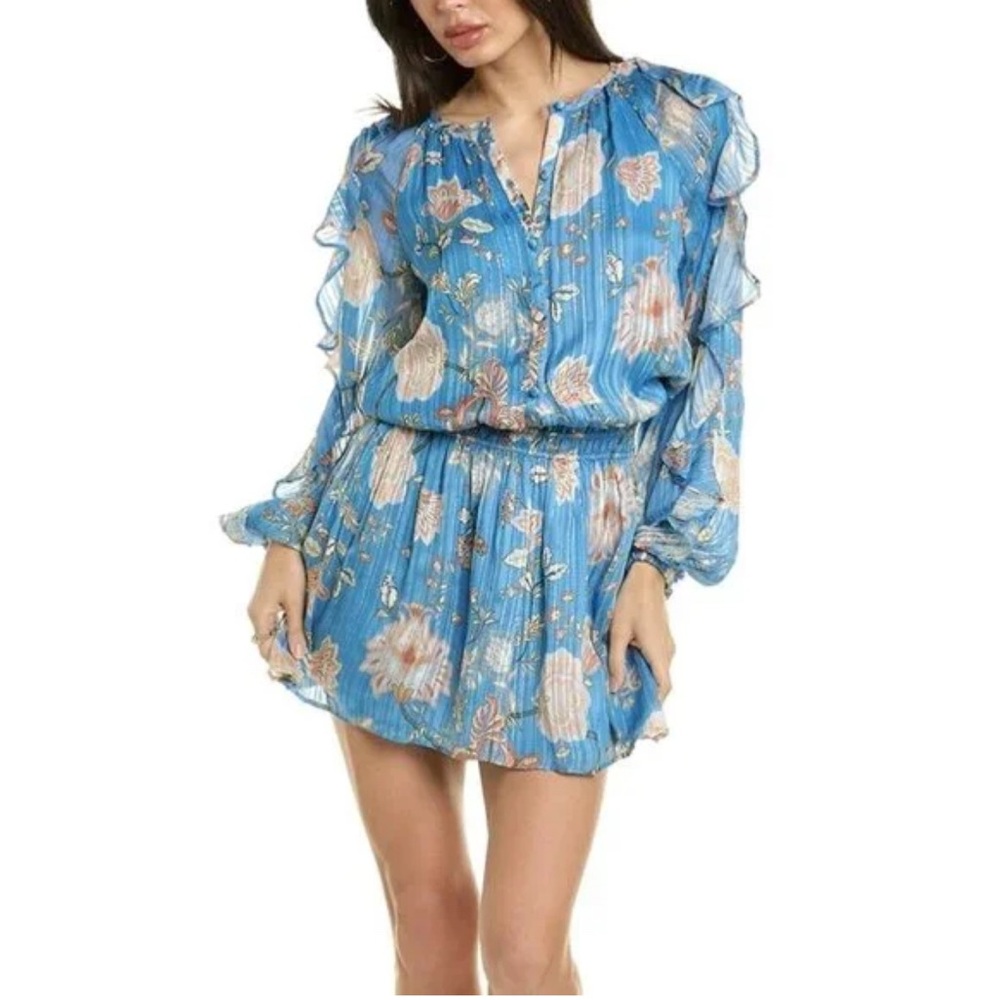 Ramy Brook Printed Hamilton Blue Ocean Floral‎ Long Sleeve Mini Dress XS NWOT